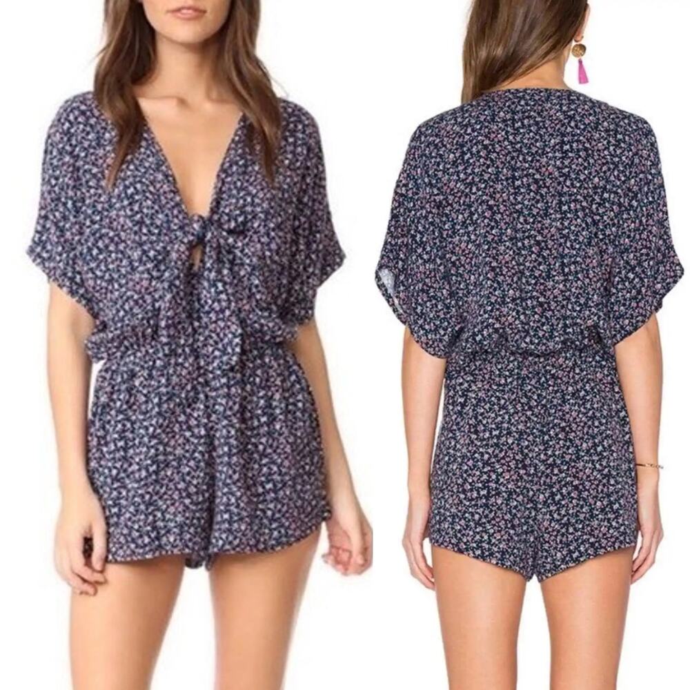 RAILS Tie Front Romper Floral Minka Wildflower Relaxed Blue Short Sleeves Large